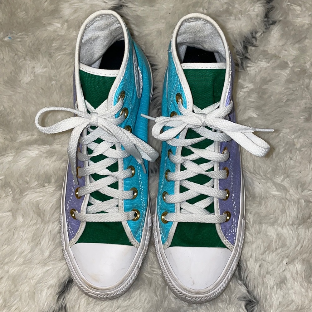 purple, blue, and green converse all star high top shoes with “kj” on the back!!